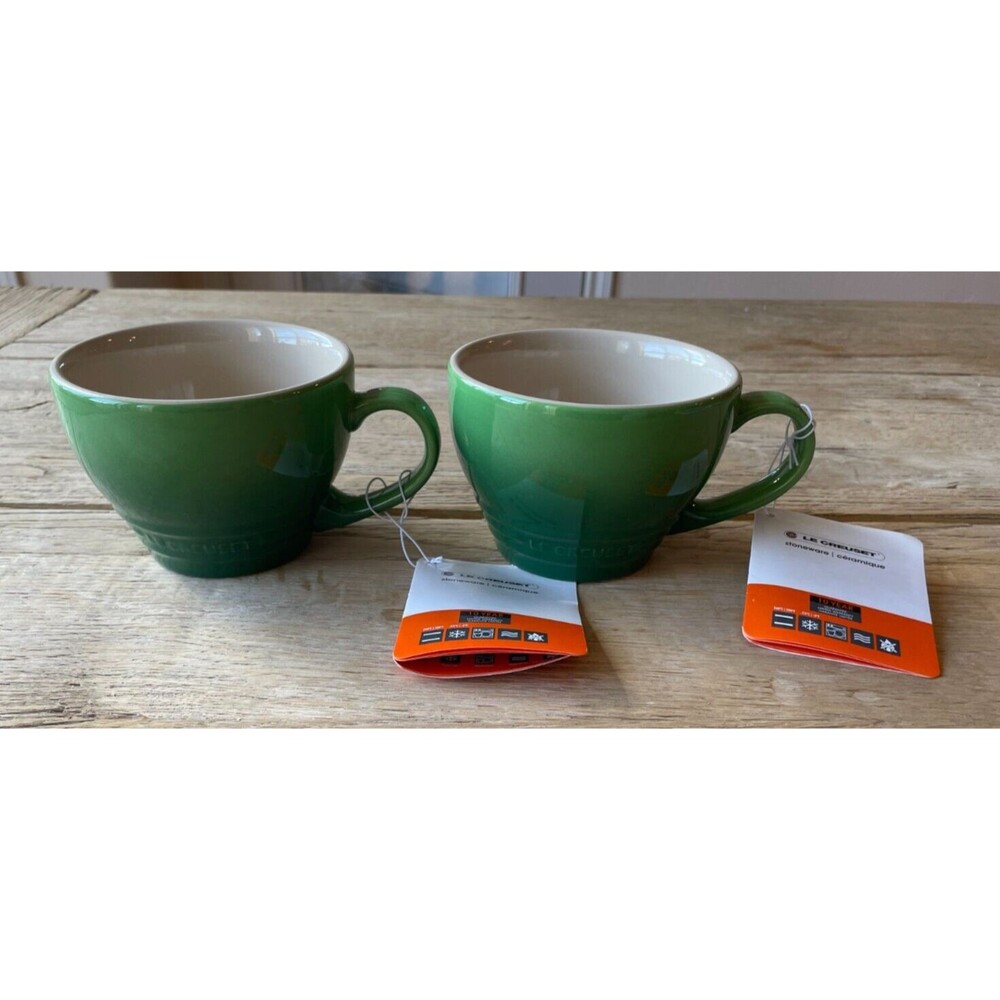 Le Creuset Stoneware Set of 2 Bistro Mug Giant Cappuccino 14 oz Bamboo Green NEW